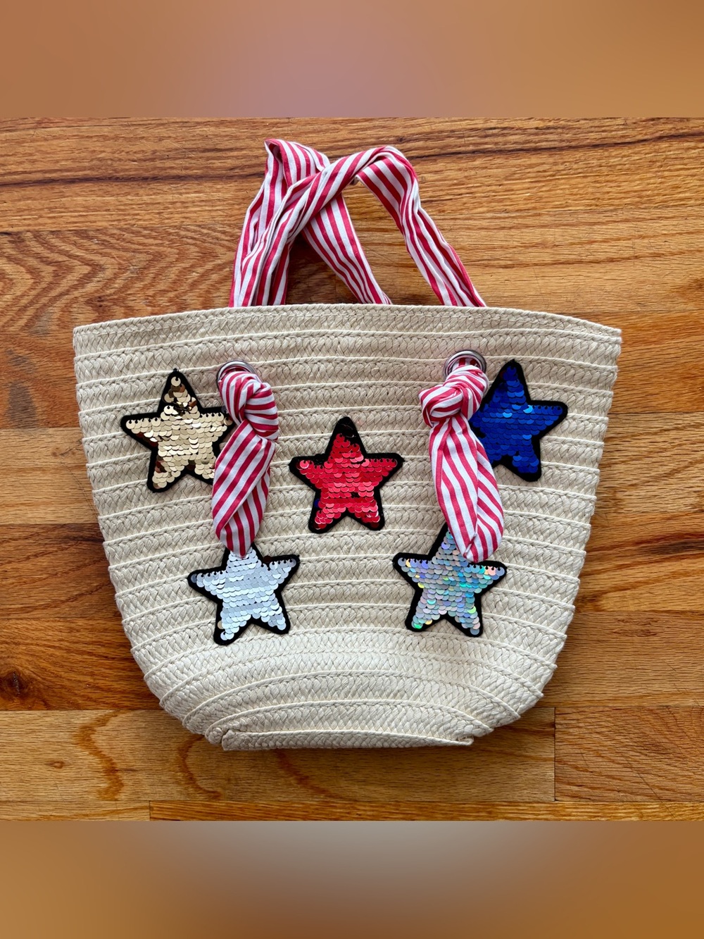 Cat & Jack Girls Paper Straw Tote Bag Sequin Stars USA Patriotic America Tan
